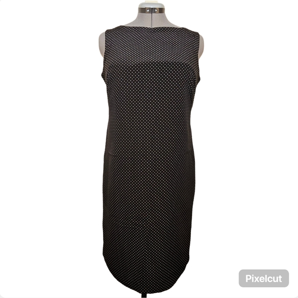 Jessica black white polka dots sleeveless crepe sheath midi dress size L US